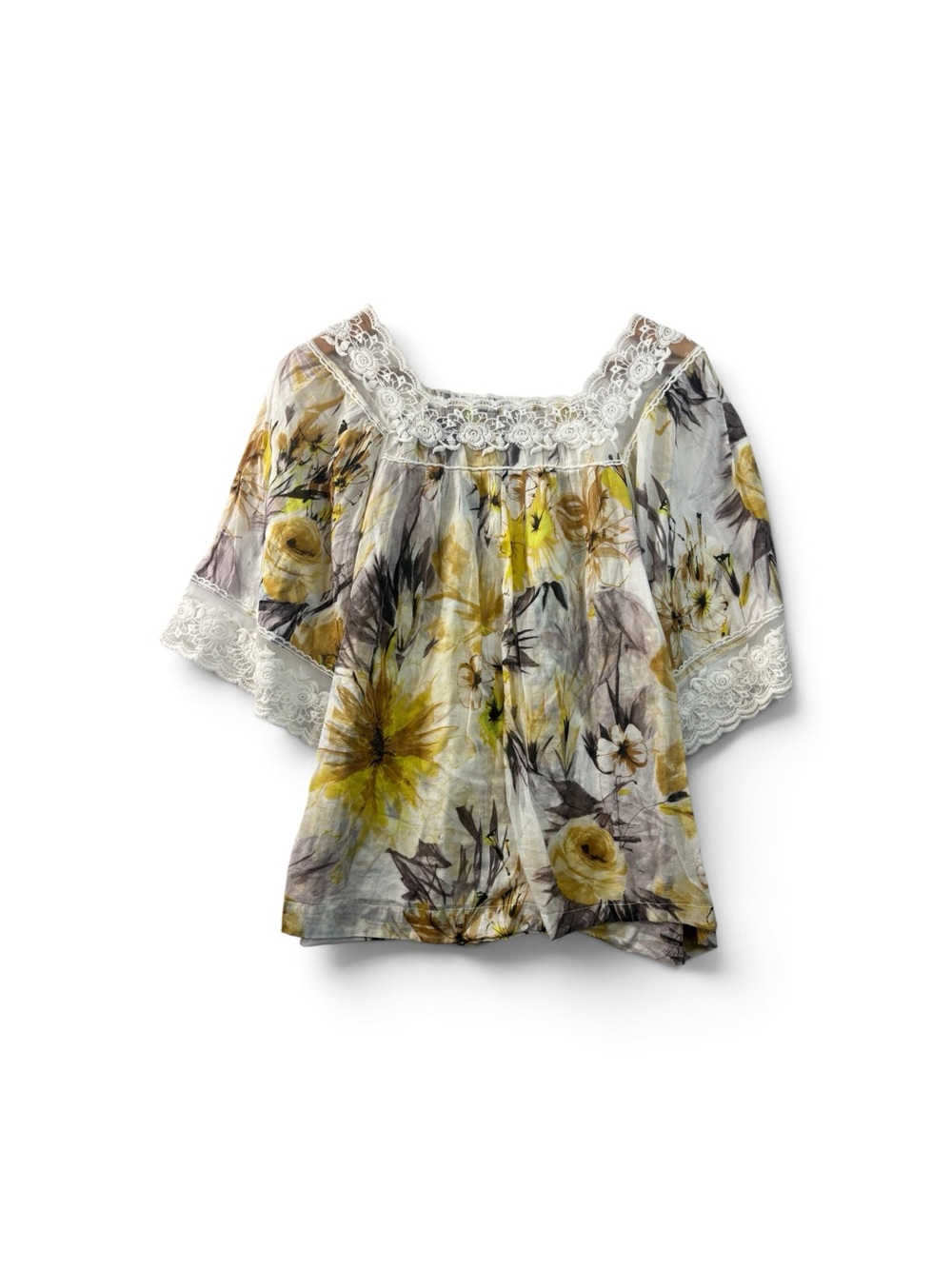 Karen Kane Floral Peasant Blouse Lace Detail Women’s Size XL Short Sleeve Top